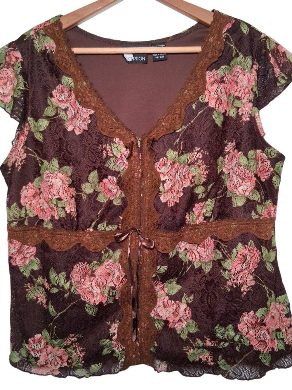 Vintage Y2K First Option Babydoll Top 14/16 Brown Pink Roses Fairy Whimsical